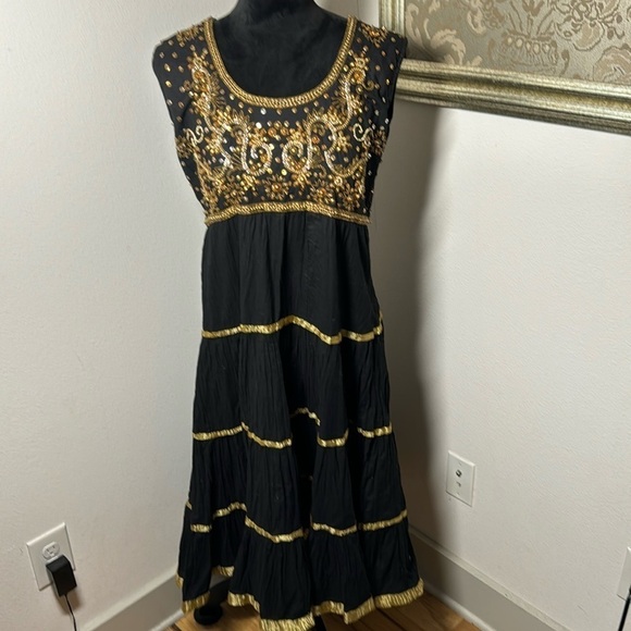 Black cotton anarkali with Gold tiered borders beaded & sequined embroidery Sz M - Picture 1 of 9
